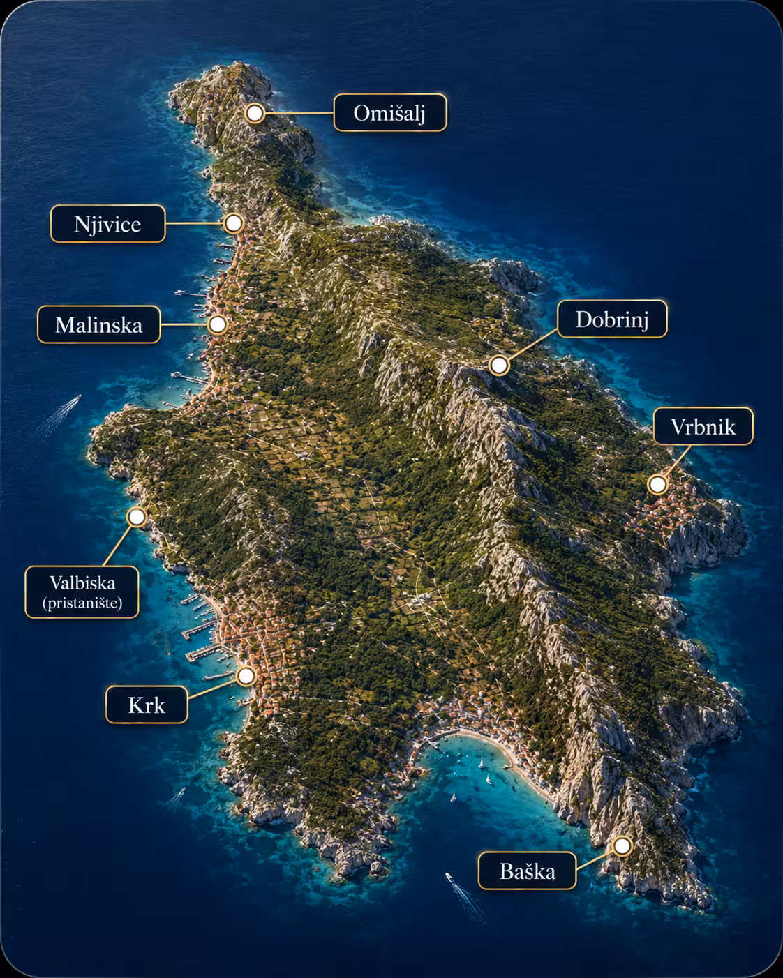 Reljefna mapa otoka Krka s označenim mjestima Omišalj, Njivice, Malinska, Krk, Baška, Dobrinj, Vrbnik i Valbiska